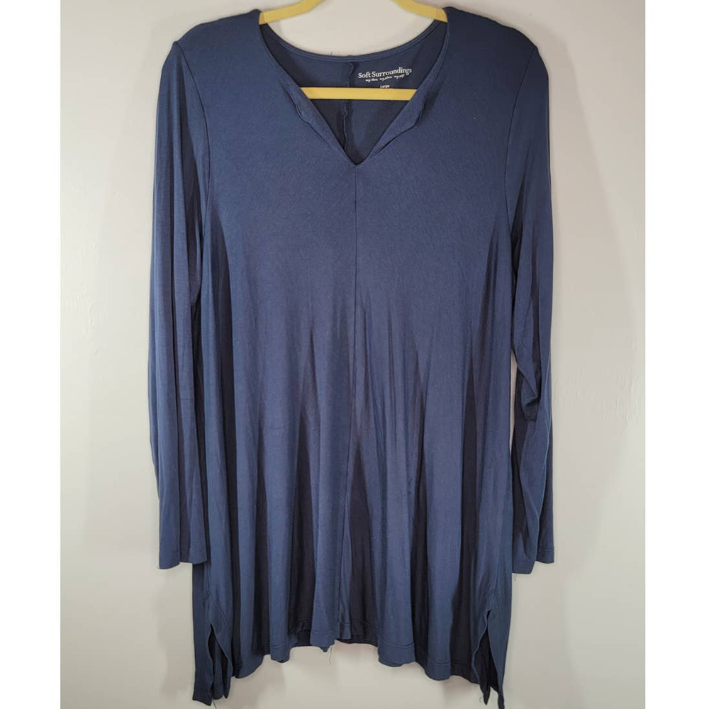 Soft Surroundings Tunic Top Size L V-Neck Long Sleeve Stretch Pullover Blue